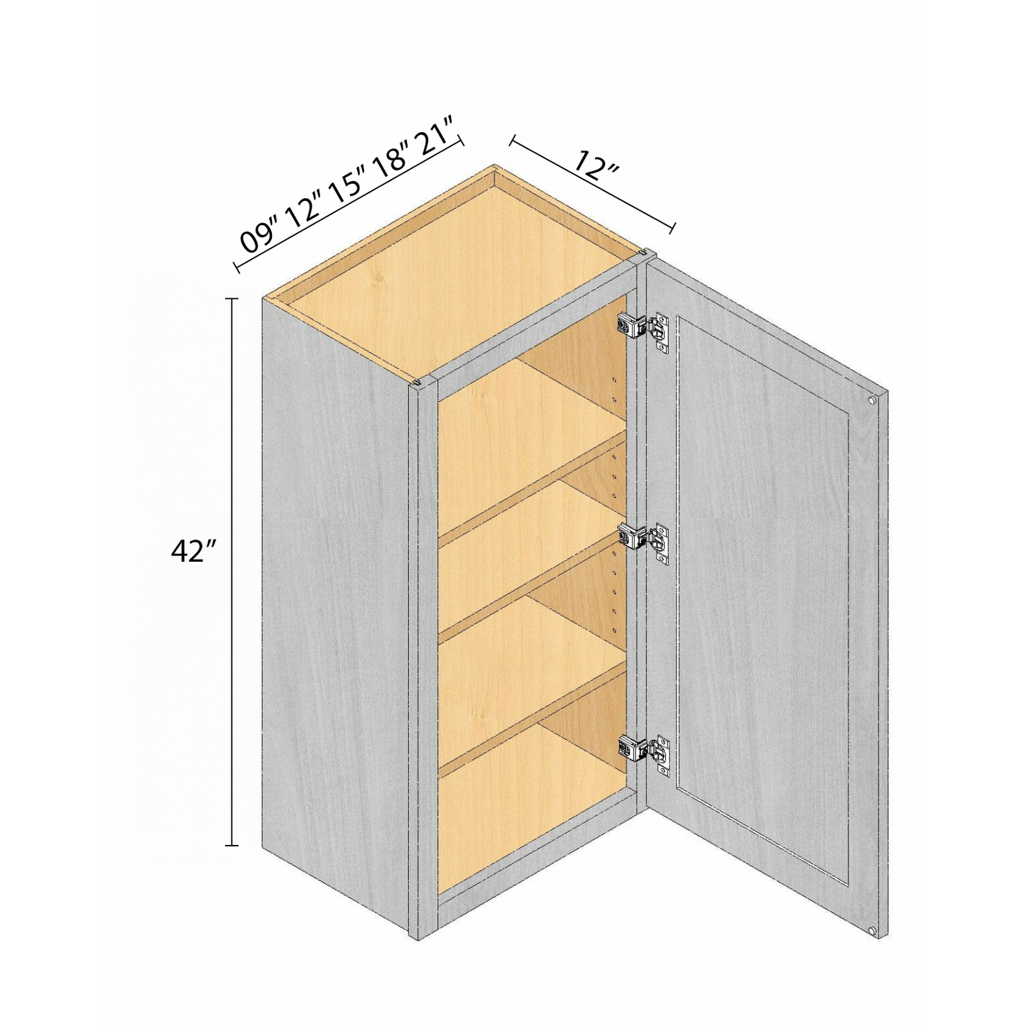 Arbris: W x 09-21 in. D x 12 in. | 42 in. One Door Wall Cabinet | Ready-to-Assemble