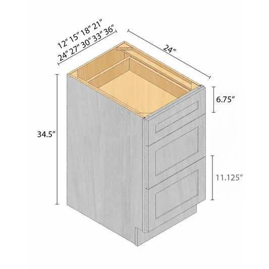 Arbris: W x 12-36 in. H x 34.5 in. D x 24 in. | Three Drawer Base Cabinet | Ready-to-Assemble